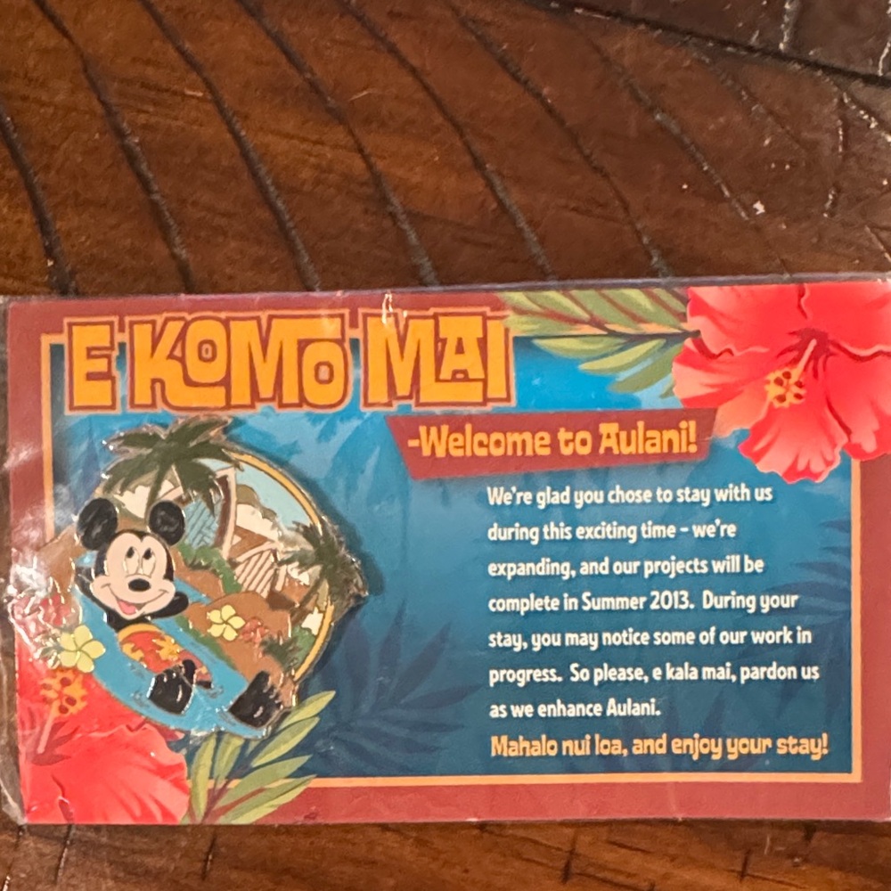 E Komo Mai Welcome Card and Disney Pin